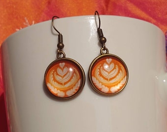 Spiced Latte Coffee Cream Art Small Rosetta Art Dangle Glass Earrings Coffee Themed Gift Jewelry Perfect Gift for Coffee Lovers