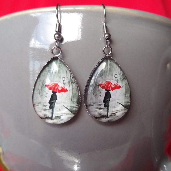 A Rainy Walk with A Red Umbrella Wall Art Inspired Statement Earrings Unique Gift Jewelry for Artists