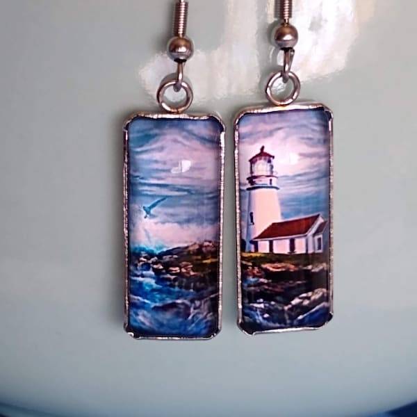 Painting Inspired Lighthouse Themed Glass Statement Earrings Earrings Nautical Themed Gift Jewelry for Artists & Nautical Lovers