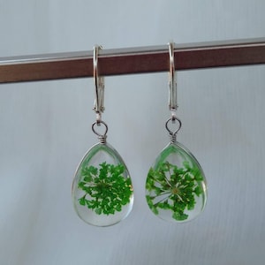 Green Delicate Pressed Real Dried Flower Leverback Teardrop Resin Earrings Botanical themed Statement Earrings Floral themed Gift Jewelry