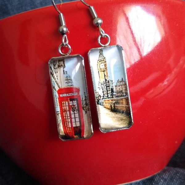 Great British Vogue Red Telephone Box & Big Ben Glass Statement Earrings United Kingdom British Inspired Unique Gift Jewelry