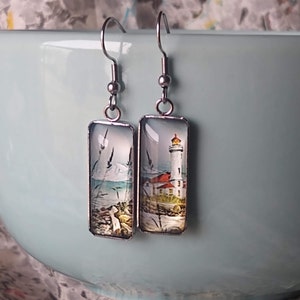 Painting Inspired Lighthouse Themed Glass Statement Earrings Earrings Nautical Themed Gift Jewelry for Artists & Nautical Lovers