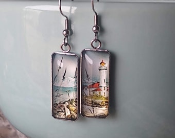 Painting Inspired Lighthouse Themed Glass Statement Earrings Earrings Nautical Themed Gift Jewelry for Artists & Nautical Lovers