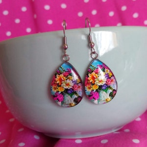Vibrant Colorful Flowers  Glass Hook Statement Earrings Vintage Floral Themed Gift Jewelry for Artists And Nature Lovers