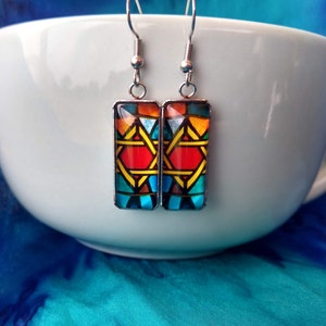 Jewish Star of David Earrings Art Deco Themed Mosaic Vibrant Coloful Glass Hook Statement Earrings Geometic Design Gift Jewelry