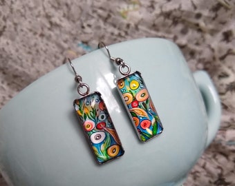 Vibrant Colorful Flowers Painting Inspired Glass Hook Statement Earrings Attractive Unique Floral Themed Gift Jewelry