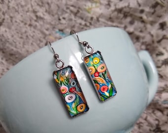 Vibrant Colorful Flowers Painting Inspired Glass Hook Statement Earrings Attractive Unique Floral Themed Gift Jewelry
