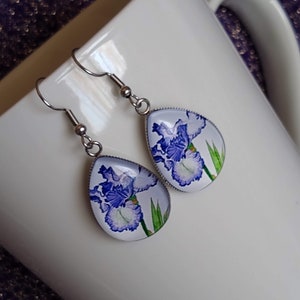 Vibrant Purple Iris Painting Inspired Glass Statement Earrings Attractive Floral Themed Gift Jewelry for Artists And Nature Lovers