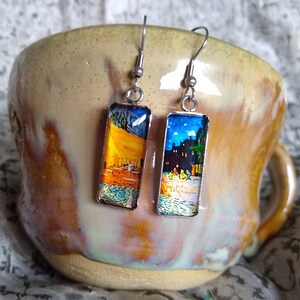 Vincent Van Gogh Café Terrace at Night Impressionist Inspired Painting Glass Dangle Earring Boho Chic Art Nouveau Gift Jewelry