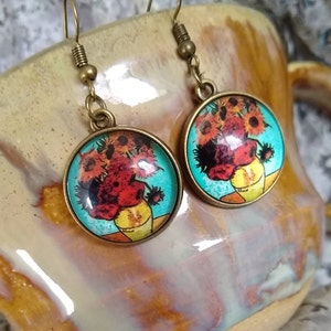 Vincent Van Gogh Sunflower Impressionist Painting Inspired Glass Dome Statement Earrings Perfect Gift Jewelry for an Artist