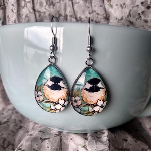 Black Capped Chickadee Among Flowers Earrings Floral & Bird Themed Painting Inspired Gift Jewelry for Nature Lovers And Bird Lovers