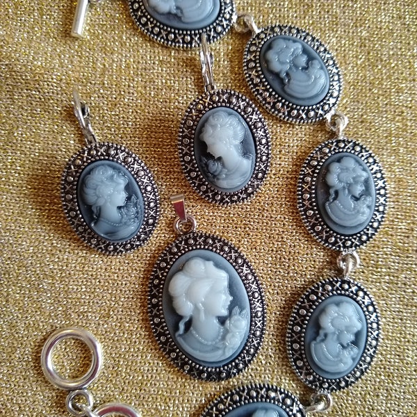 Vintage Style Victorian Costume Cameo Gift Jewelry Set in Classic Colors Powder Pink, Blue and Gray, Resin in Oxidized Silver Color Setting