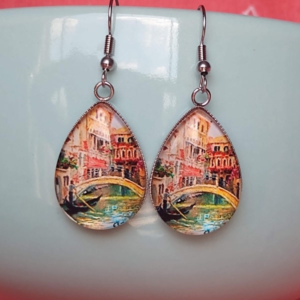 Romantic Water City Venice Landscape Painting Inspired Earrings Italy Venice European Village Painting Inspired Unique Gift Jewelry