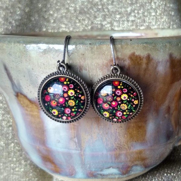 Russian Folk Art Inspired Round Dome Lever Back Statement Earrings Artistic Bold Unique Vibrant Russian Folk Art Themed Gift Jewelry