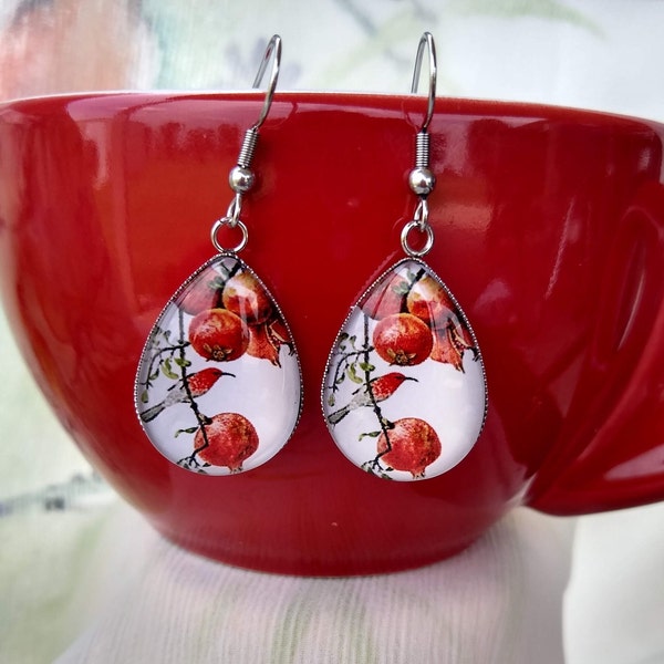 Red Bird Among Pomegranates Glass Earrings Unique Attractive Bird And Floral Themed Gift Jewelry for Nature Lovers And Bird Lovers