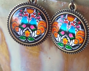 Polish Folk Art Inspired Rooster Themed Round Dome Lever Back Statement Earrings Artistic Unique Vibrant Polish Folk Art Themed Gift Jewelry