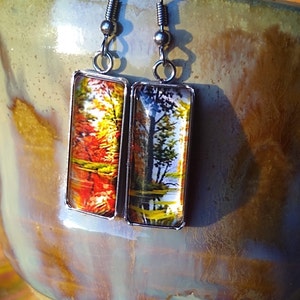 Stunning Autumn Scenery Oil Painting Inspired Glass Statement Earrings Unique Vibrant Fall Foliage Autumn Themed Gift Jewelry