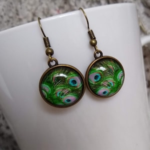 Artistic Small Colorful Peacock Green Blue Gold Feather Pattern Dangle Earrings Peacock Themed Jewelry Gift, Bird Feather Statement Earrings