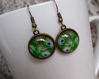 Artistic Small Colorful Peacock Green Blue Gold Feather Pattern Dangle Earrings Peacock Themed Jewelry Gift, Bird Feather Statement Earrings
