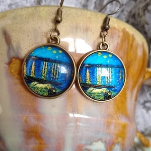 Vincent Van Gogh Starry Night Over the Rhone Earrings Glass Dome Impressionist Statement Earrings Perfect Gift for an Artist Unique
