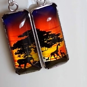 African Wildlife Silhoutte in Sunset Painting Inspired Glass Artistic Statement Earrings Unique Vibrant Animal Themed Gift Jewelry