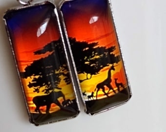 African Wildlife Silhoutte in Sunset Painting Inspired Glass Artistic Statement Earrings Unique Vibrant Animal Themed Gift Jewelry