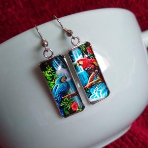 Vibrant Colorful Macaw Glass Statement Earrings Unique Gift Jewelry for Bird or Animal Lover Bird Themed Macaw Inspired Jewelry