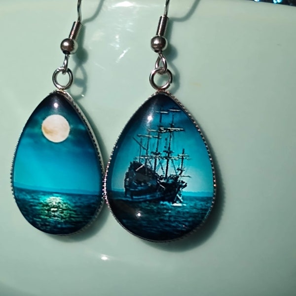 Sailing Ship in Moonlight Nautical Themed Painting Inspired Glass Earrings Attractive Unique Gift Jewelry for Nautical Enthusiast