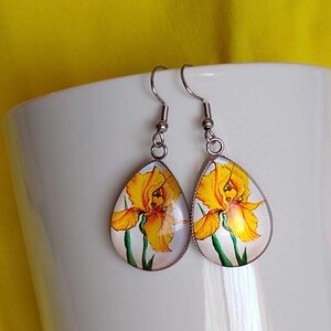 Vibrant Yellow Iris Painting Inspired Glass Statement Earrings Attractive Floral Themed Gift Jewelry for Artists And Nature Lovers