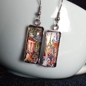 Eiffel Tower Themed Paris Cafe View Landscape Oil Painting Inspired Glass Earrings City of Romance Inspired Attractive Unique Gift Jewelry