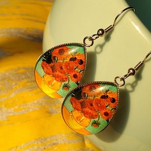 Vincent Van Gogh Sunflower Earrings Glass Boho Art Nouveau Statement Earrings Perfect Gift for an Artist Unique Chic
