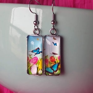 Vibrant Colorful Butterfly Themed Glass Jewelry Hook Statement Earrings Coloful Butterfiles Among Bright Tulips Unique Gift Jewelry
