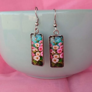 Vibrant Pink Hollyhock Flowers Painting Inspired Glass Hook Statement Earrings Attractive Unique Floral Themed Gift Jewelry