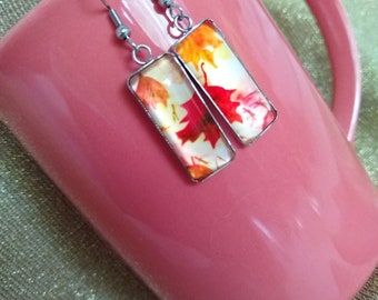 Colorful Autumn Maple Leaves Glass Hook Statement Earrings Attractive Fall Leaves Autumn Themed Unique Gift Jewelry