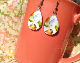 Colorful Autumn Maple Leaves Glass Hook Statement Earrings Attractive Fall Leaves Autumn Themed Gift Jewelry