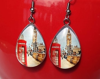 Great British Vogue Red Telephone Box & Big Ben Glass Statement Earrings United Kingdom British Inspired Unique Gift Jewelry