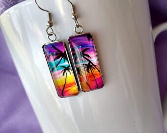 Coconut Trees Silhouette in Sunset Painting Inspired Glass Artistic Statement Earrings Unique Vibrant Nature Themed Gift Jewelry