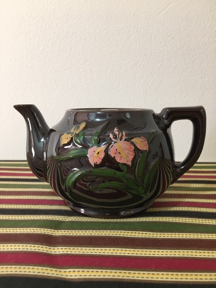 Vintage Hadson Brown Teapot with Painted Flowers Made in Etsy