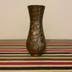 Vtg Solid Brass Vase Engraved Floral Patina Made in India