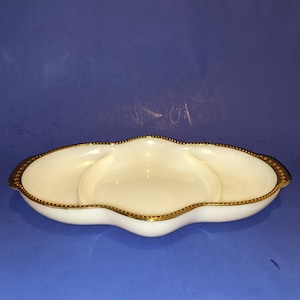 Fire King Anchor Hocking White Milk Glass Oval Split Serving Dish, Divided Relish Dish, White and Gold Gilt