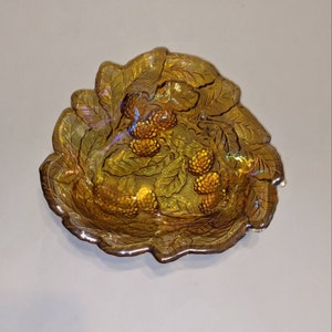 VINTAGE INDIANA GLASS, Marigold amber carnival glass, Loganberry triangle candy / nut dish