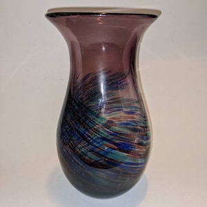 Purple Vase, Multi Colored Swirl, Hand Blown, Polished Pontil