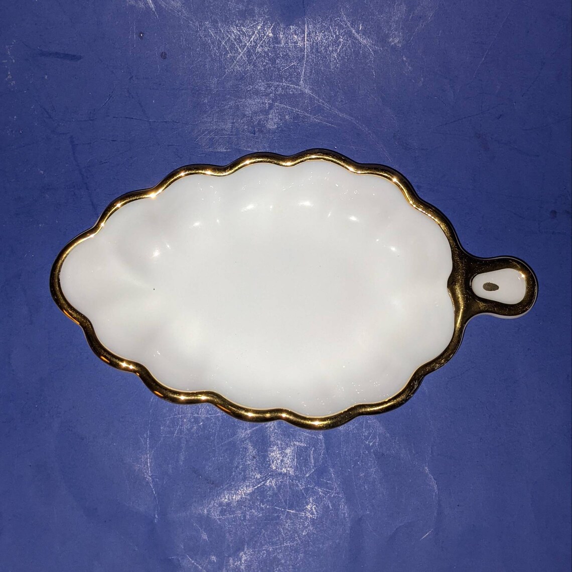 Vintage Milk Glass Dish With Gold Trim Leaf Shape Scalloped Etsy