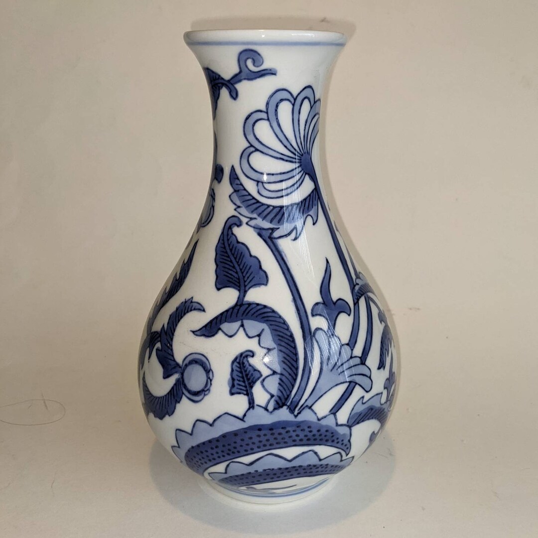 Vintage Blue and White Transferware Vase, Made in China Etsy