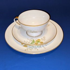 PMR Jaeger Teacup, Saucer, Plate Set, Lovely yellow floral pattern and gilt edge