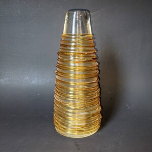 Clear Art Glass Vase with Applied Yellow Glass Ribbing, Hand Blown, Polished Pontil