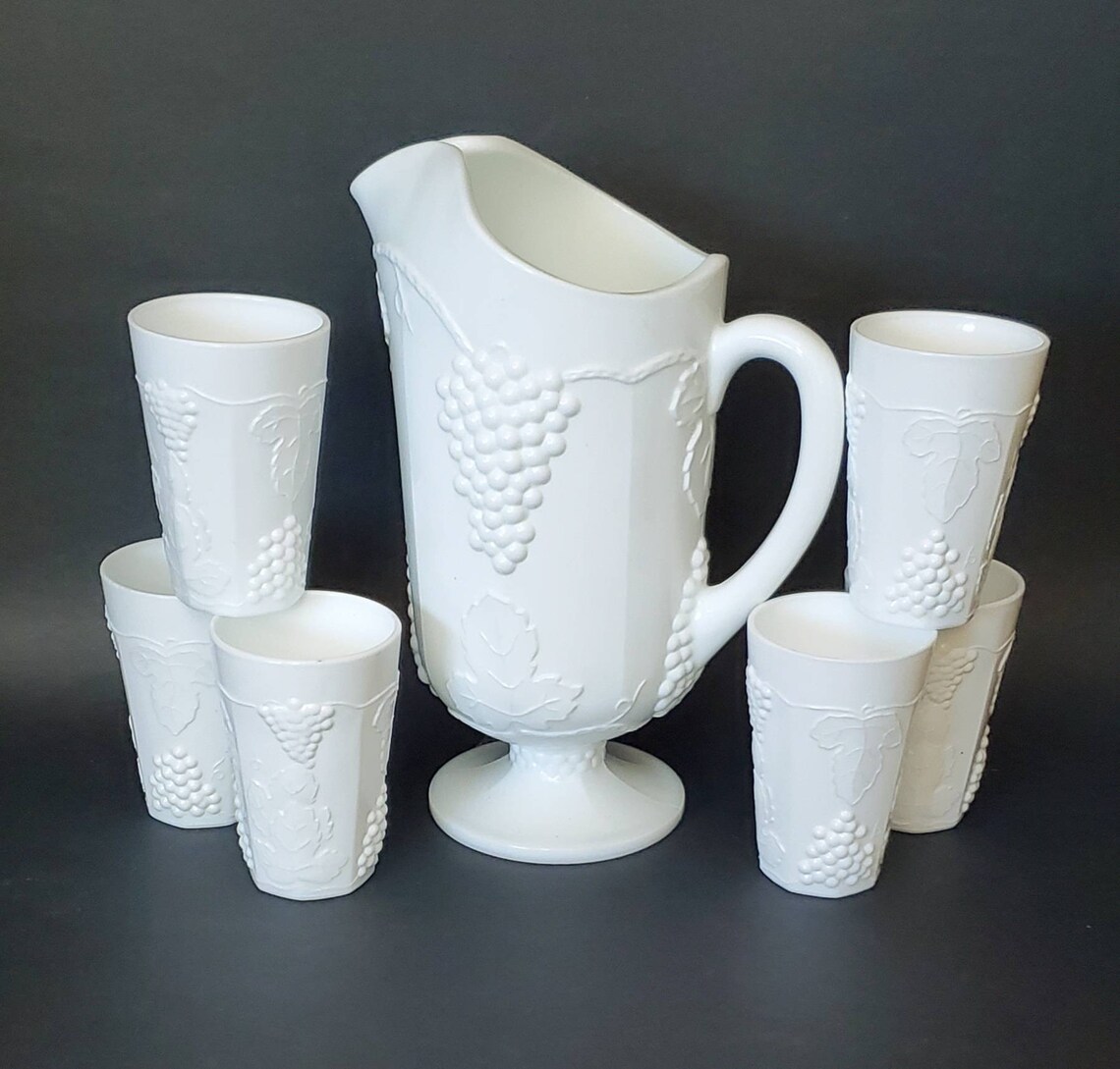 Colony Harvest Milk Glass pitcher and Flat Juice cup set Etsy