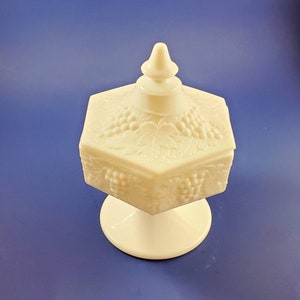 Imperial Glass, Milk Glass, Hexagon Pedestal Candy Dish, Grape and Leaf pattern
