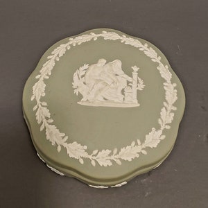 Candy Box, Large Scalloped, Cream Color on Sage (Pale Green), Jasperware, Wedgwood