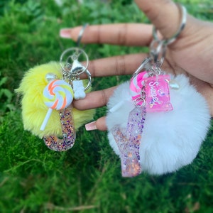 Homemade Custom Resin Letter Initial Keychain With Pom Pom and Accessories